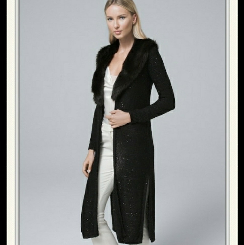 Sequin-Detail Duster w/Removable Faux Fur Collar